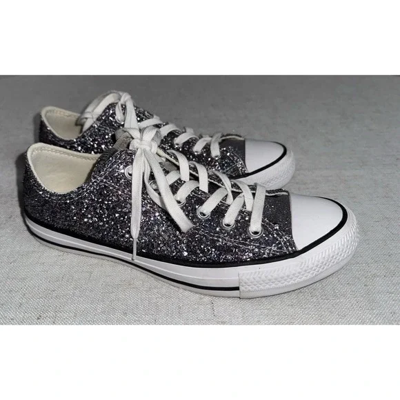 Women's Sz 8.5 Converse Chuck Taylor All Star Silver Glitter Low Shoes Sneakers - Picture 3 of 9